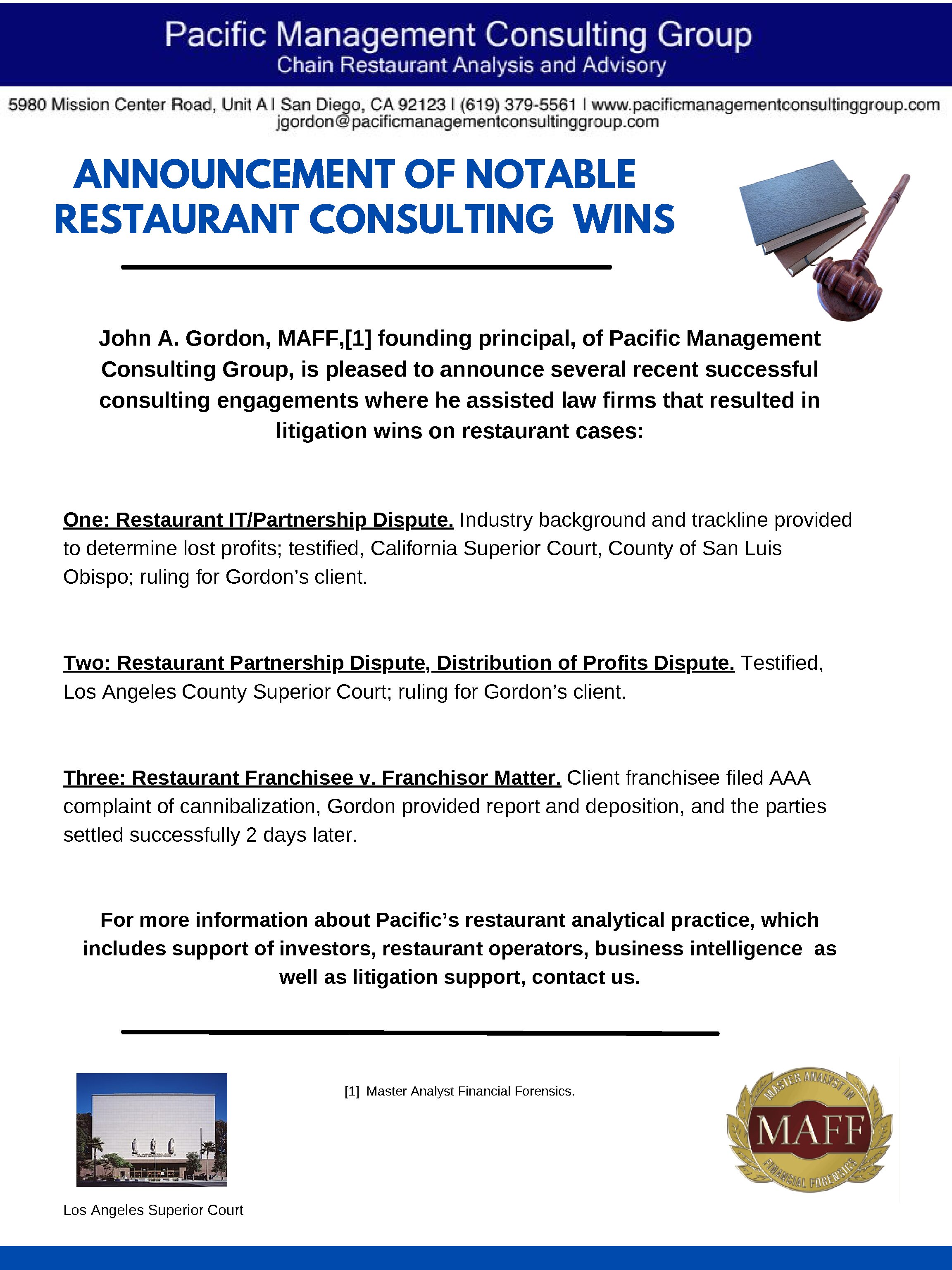 Announcement of Notable Restaurant Consulting Wins